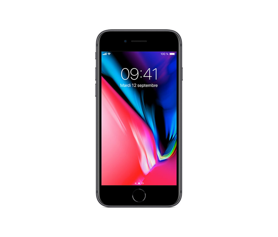 Ein graues Apple iPhone 8 mit einem farbigen Display.