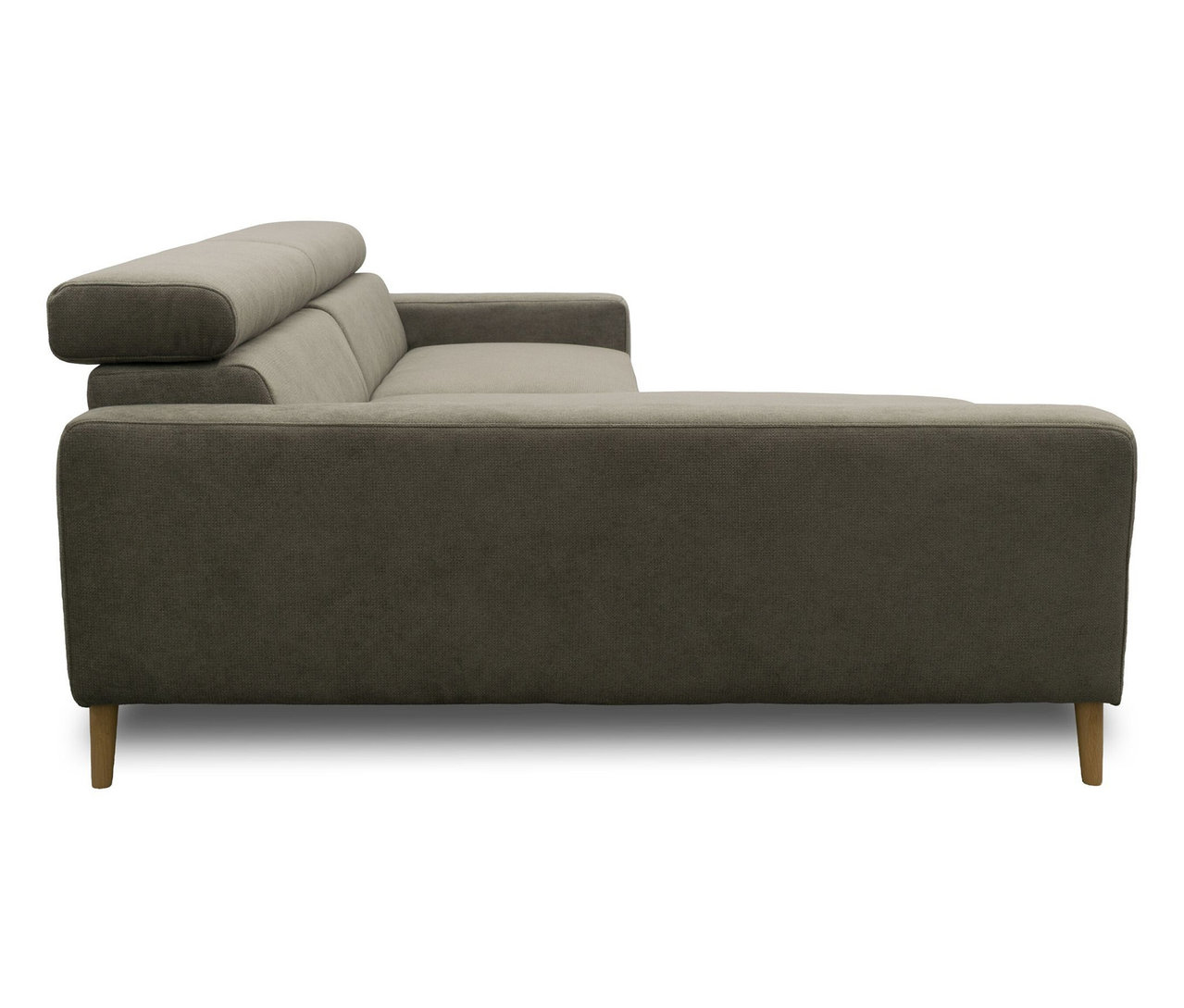 Graues DOMO Sofa »Malmö« mit Longchair links, Kopfteilverstellung und Holzfüßen.