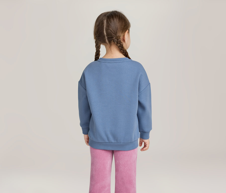 Kind von hinten, mit zwei geflochtenen Zöpfen, trägt ein blaues Sweatshirt und eine rosa Cordhose.