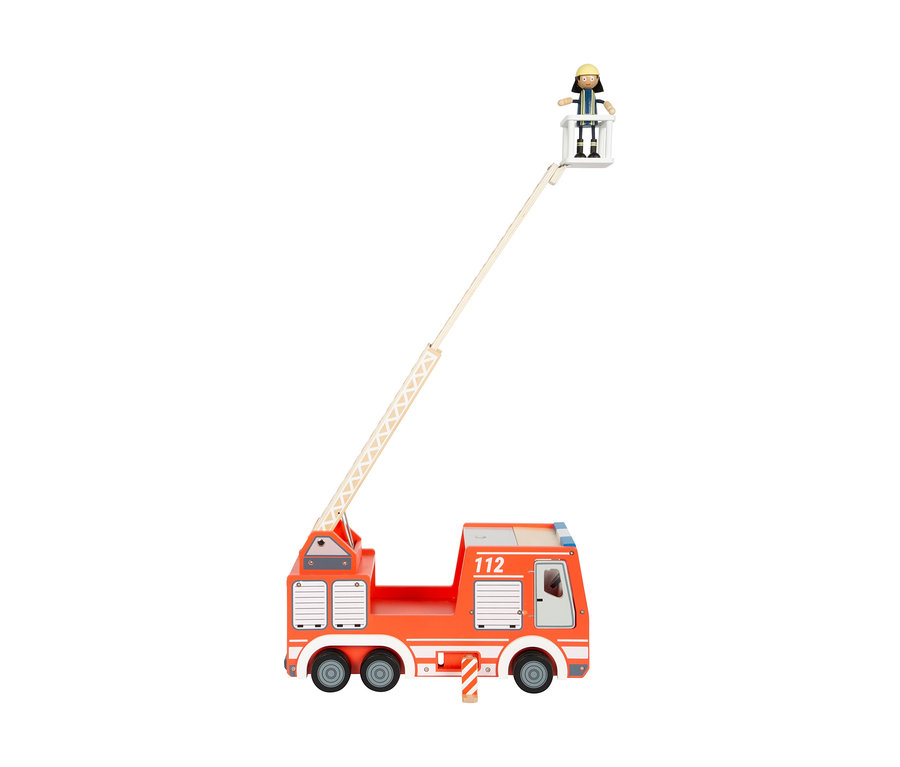 Ein rotes Feuerwehrauto mit einer Feuerwehrmann-Figur auf der Leiter.