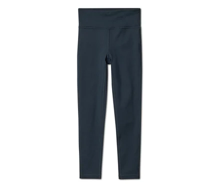 Dunkelblaue High-Waist-Leggings, flach auf weißem Hintergrund liegend.
