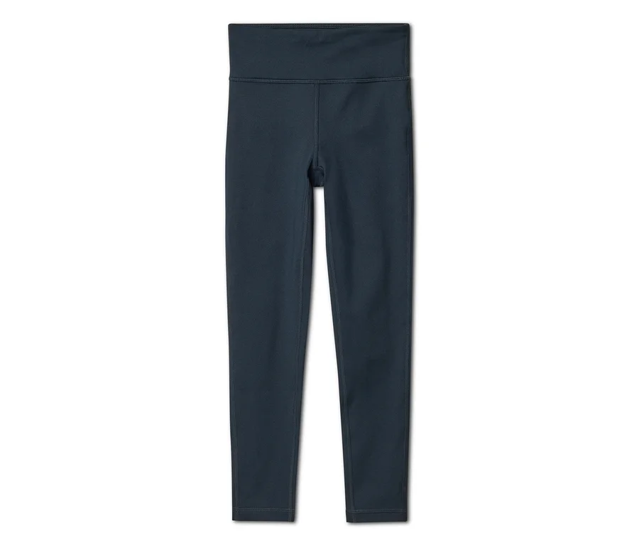Dunkelblaue High-Waist-Leggings, flach auf weißem Hintergrund liegend.