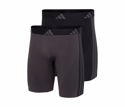 Zwei adidas Active Seamless Long Boxershorts in Dunkelgrau und Schwarz, mit adidas Logo am Bund und drei Streifen an der Seite.