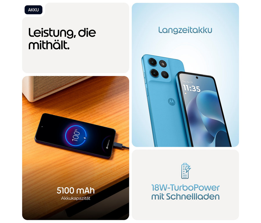 Das blaue Motorola moto g17 LTE mit 128GB wird geladen und zeigt 100% Akkustand.