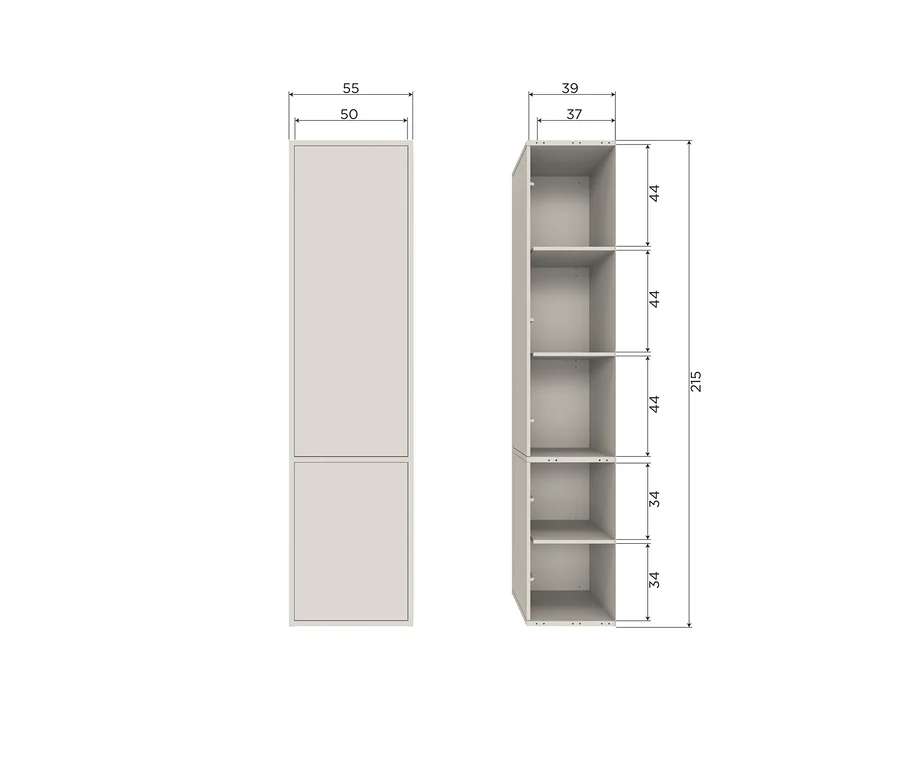 Zwei hellgraue Schrankmodule mit Maßen. Links ein geschlossener Schrank (55 cm breit), rechts ein offenes Regal (39 cm breit, 215 cm hoch) mit fünf Einlegeböden.