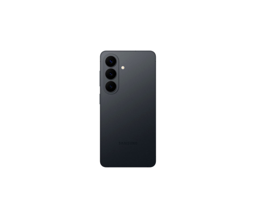 Schwarzes Samsung Galaxy S26 Smartphone von hinten. Es hat drei vertikal angeordnete Kameralinsen und einen Blitz oben links. Das Samsung Logo ist unten.