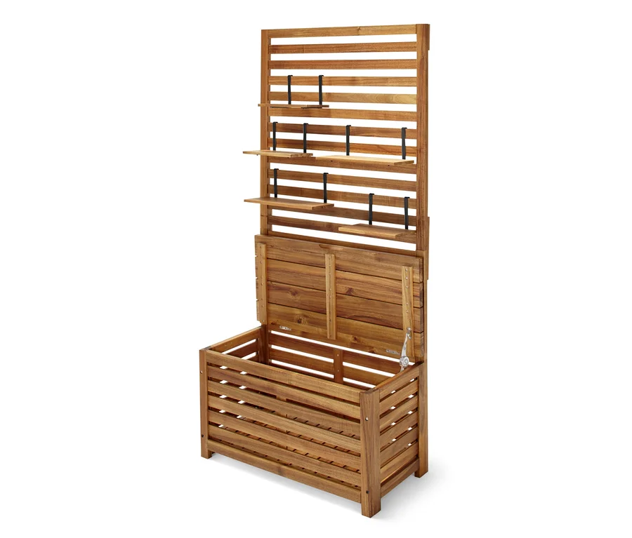 Eine Balkon-Sichtschutzbank aus braunem Holz mit offenem Stauraum.
