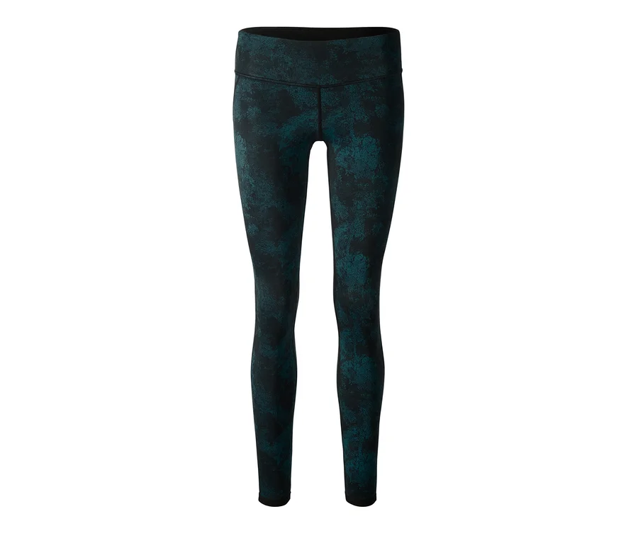 Eine schwarze Wende-Sporttight mit türkisfarbenem Muster.