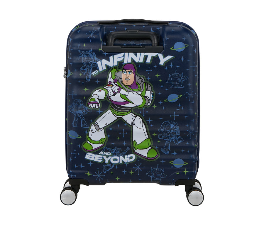 Dunkelblauer Koffer mit Buzz Lightyear, Sternen, Planeten und Aliens, mit dem Text 'TO INFINITY AND BEYOND', einem schwarzen Griff und vier Rollen.
