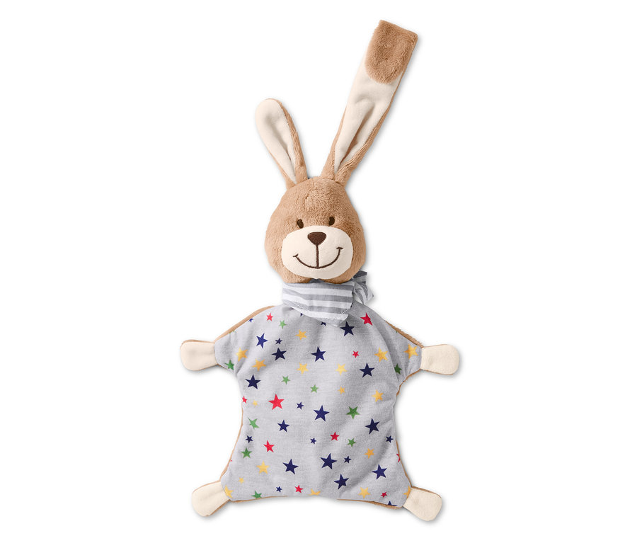Ein braunes Schnuffeltuch »Hase« mit einem Halstuch mit Sternenmuster.