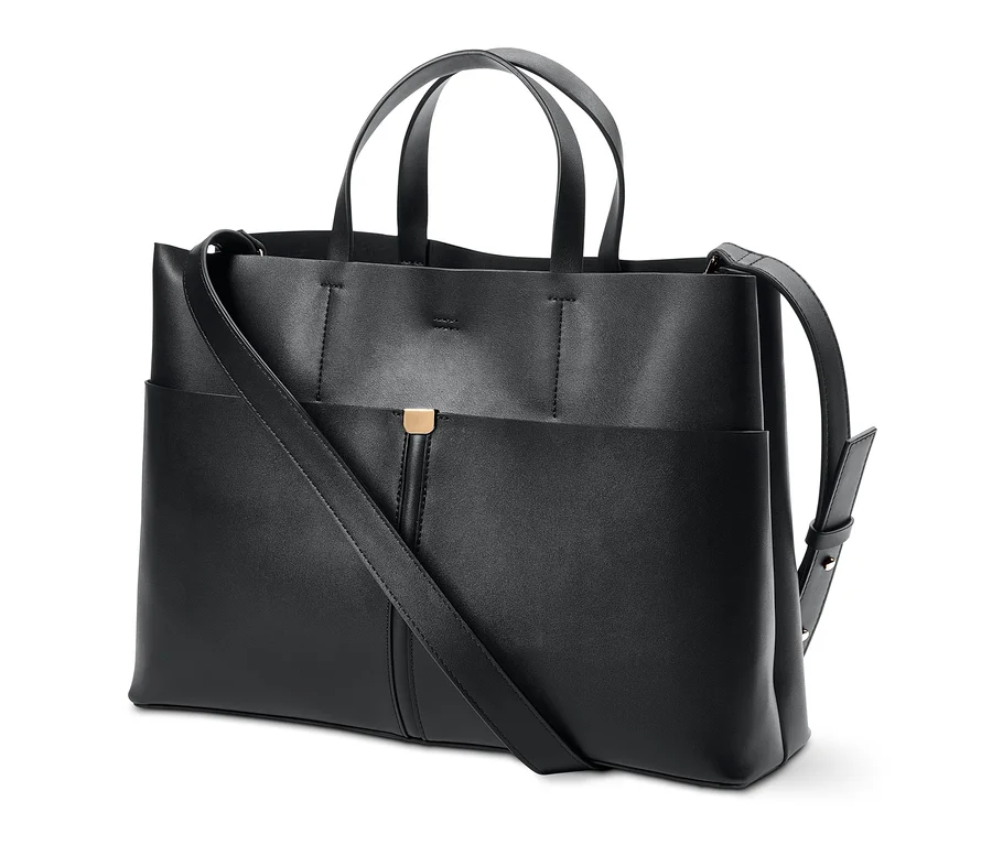 Schwarze Handtasche "Shopper" mit Griffen und Schultergurt.