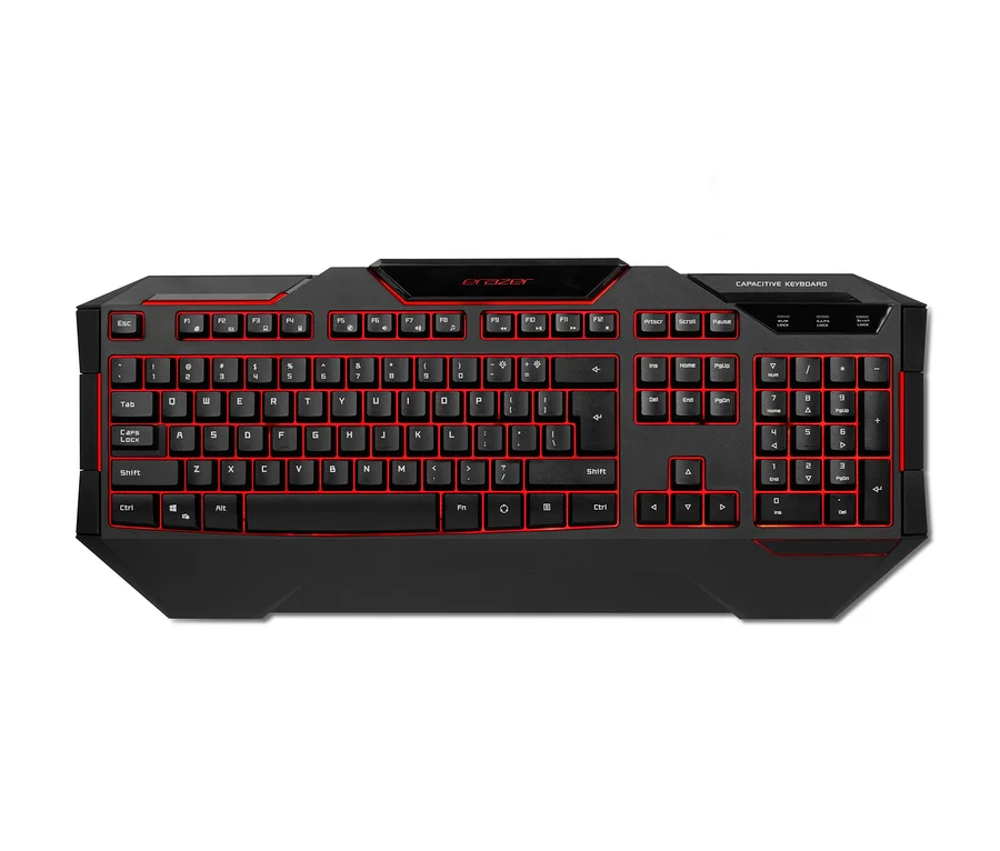 Schwarz-graue Gaming-Tastatur mit roter Hintergrundbeleuchtung. Medion-ERAZER®-»X81019«-Gaming-Tastatur.