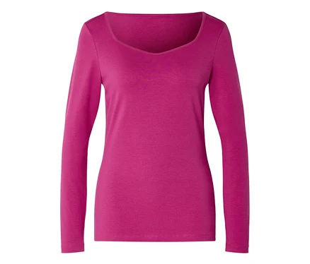 Pinkes, langärmliges Shirt mit V-Ausschnitt, liegend auf weißem Hintergrund.