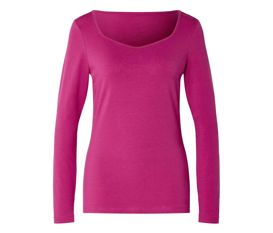 Pinkes, langärmliges Shirt mit V-Ausschnitt, liegend auf weißem Hintergrund.