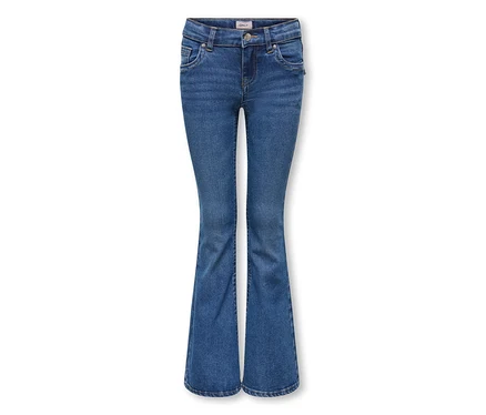 Blaue ONLY GIRLS Phoebe Flared-Jeans, flach auf weißem Hintergrund.