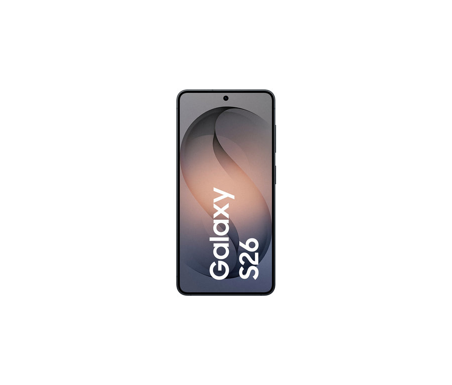 Schwarzes Samsung Galaxy S26 Smartphone, vertikal ausgerichtet, mit "Galaxy S26" Schriftzug auf dem Display.