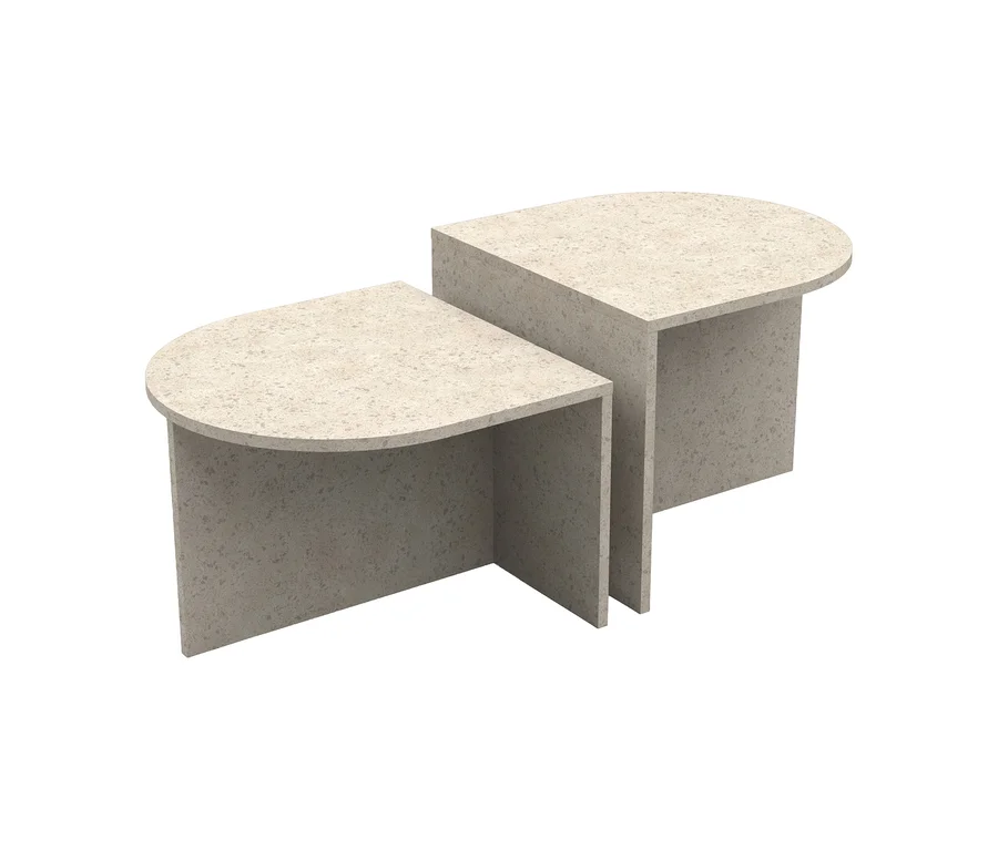 Zwei halbrunde Couchtische „Leo“ aus hellem, gesprenkeltem Material, einer größer und höher, nebeneinander stehend.