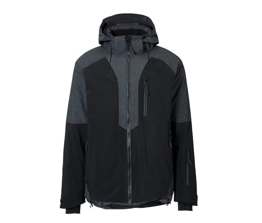 Schwarzgraue High-End-Skijacke mit Reissverschluss und Kapuze.