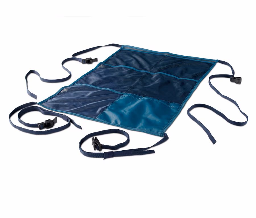 Blauer Camping- und Auto-Organizer mit Riemen und Schnallen.