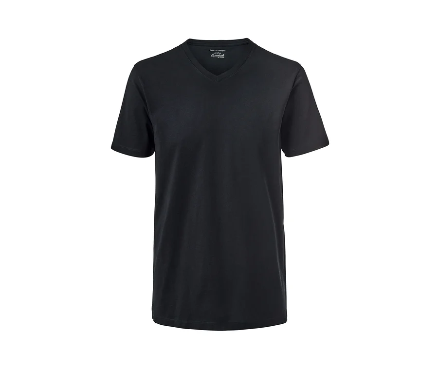 Schwarzes T-Shirt mit V-Ausschnitt.