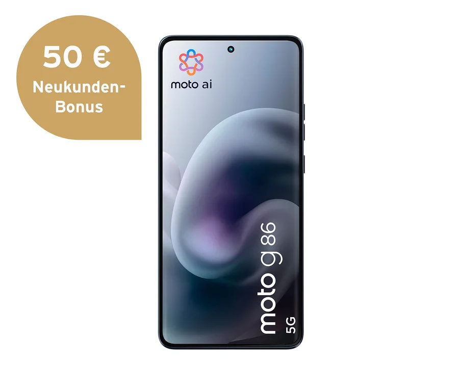 Schwarzes Motorola moto g86 5G Smartphone mit moto ai Logo auf dem Display. Links oben ein goldener Kreis mit '50 € Neukunden-Bonus'.