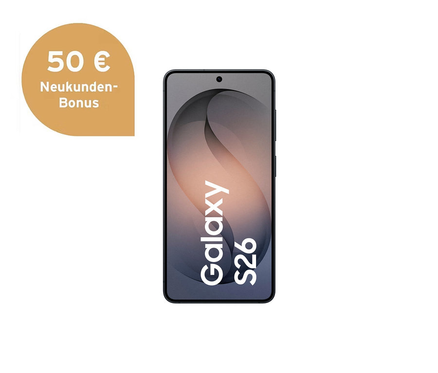 Schwarzes Samsung Galaxy S26 Smartphone mit goldenem Neukunden-Bonus-Tag von 50 €.