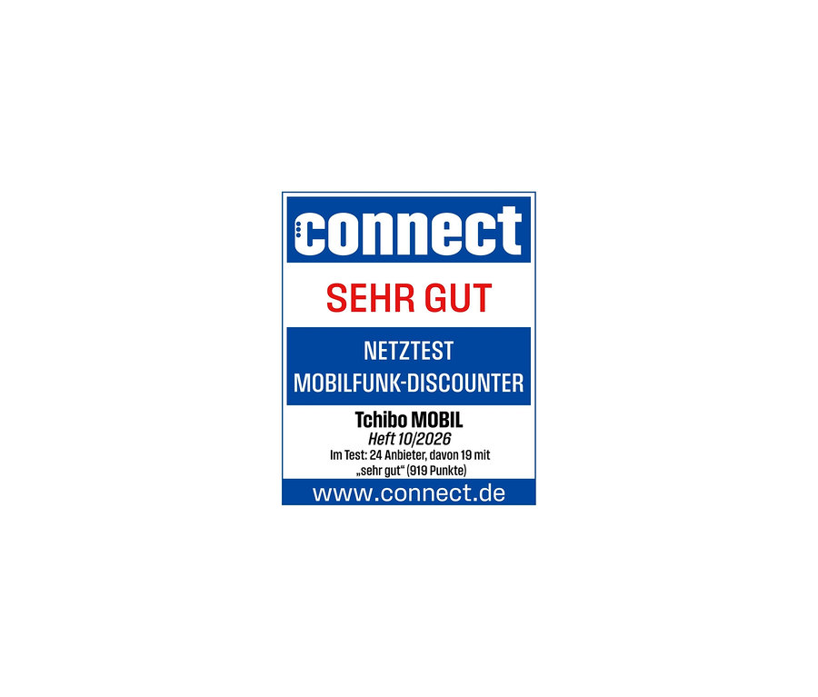 Blau-weißes connect-Qualitätssiegel mit der Aufschrift "SEHR GUT" für den Netztest Mobilfunk-Discounter, verliehen an Tchibo MOBIL in Heft 10/2026.