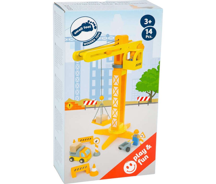 Abbildung eines gelben small foot Spielzeug-Baukrans mit Zubehör.
