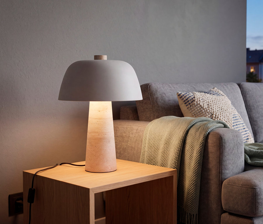 Eine leuchtende Trio Tischleuchte »Vera« mit hellgrauem, pilzförmigem Schirm und strukturiertem Sockel steht auf einem Holztisch neben einem grauen Sofa.
