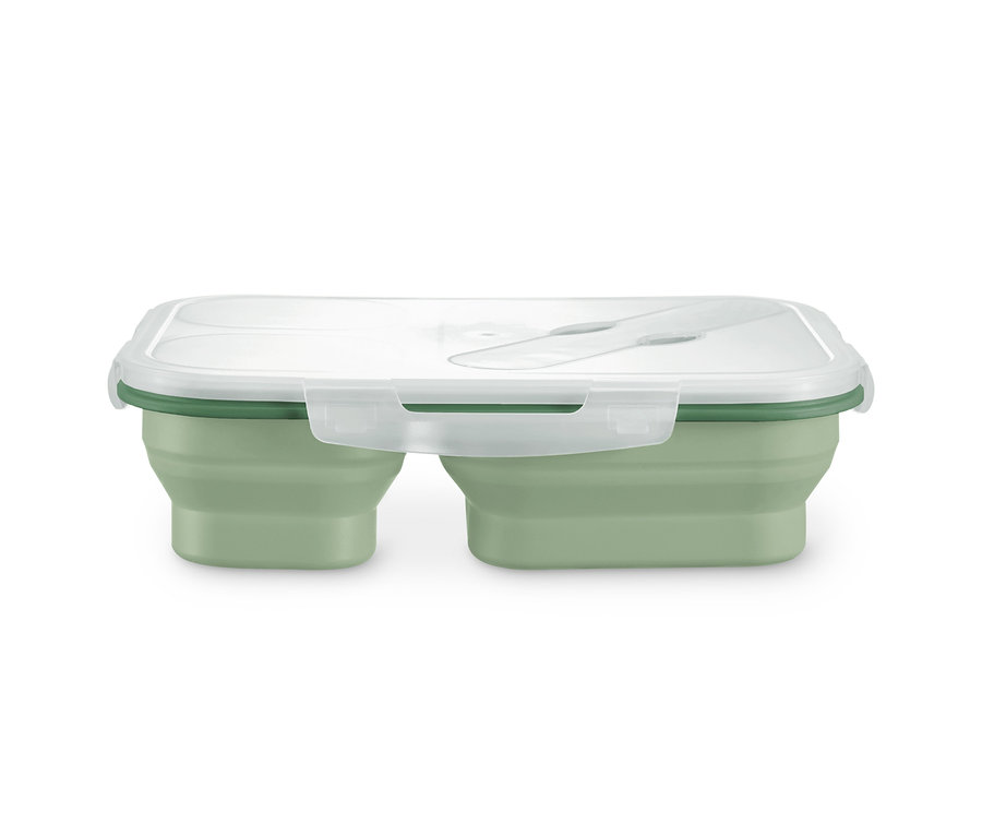 Eine faltbare Lunchbox in Grün mit transparentem Deckel.