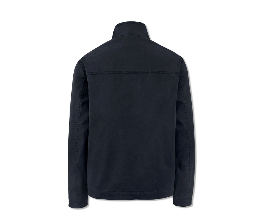 Dunkelblaue Jacke von hinten.