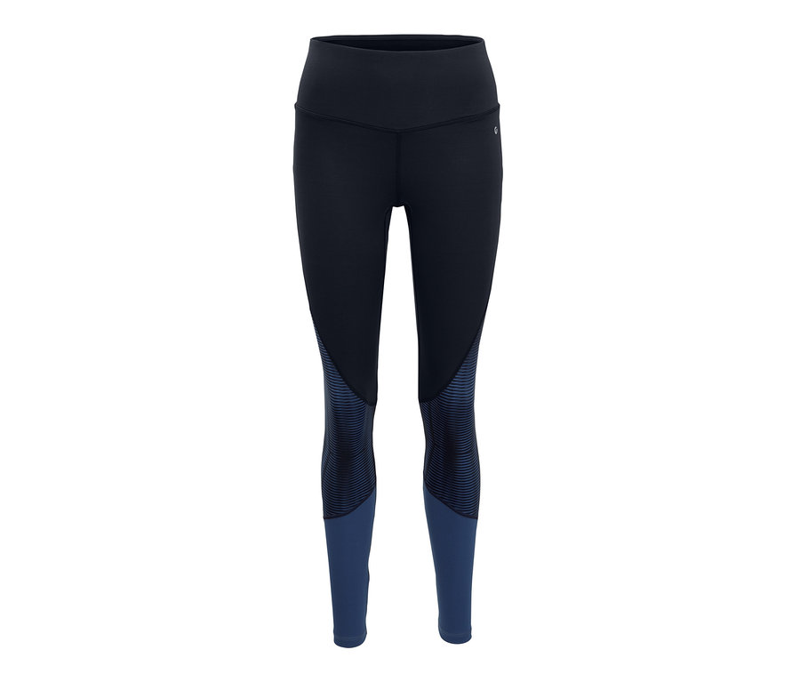 Schwarze Bodyforming-Sporttights mit blauen Details.