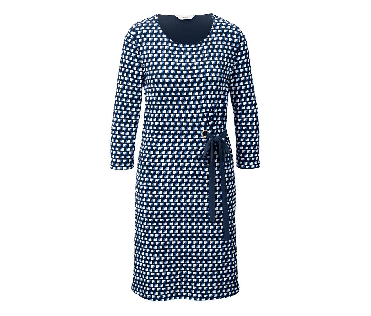 Ein blaues, gemustertes Kleid mit Drapierung und Dreiviertelärmeln.