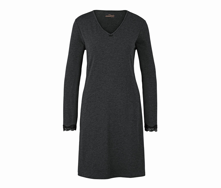 Graues Nachthemd mit langen Ärmeln und Spitze an den Ärmelenden.