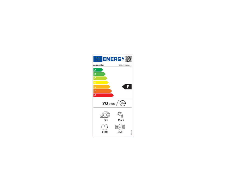 Energieetikett des Geschirrspülers Respekta GSP 45 TID MA++ mit der Energieeffizienzklasse E.