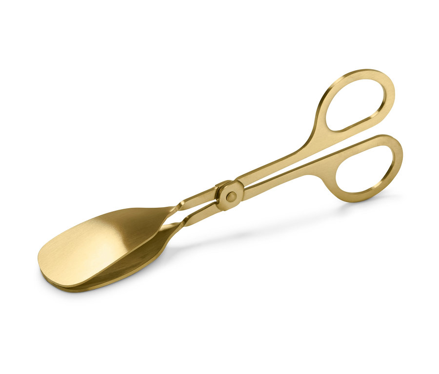 Goldene Gebäckzange auf weißem Hintergrund.