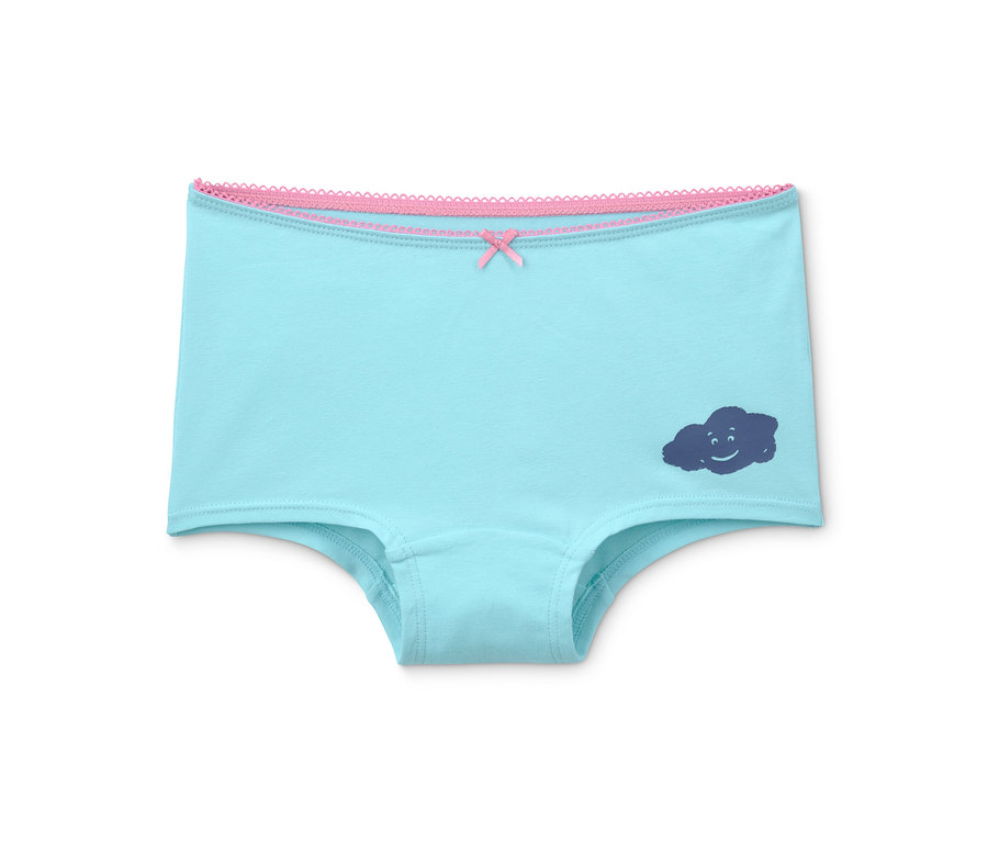 Ein hellblaues Mädchen Panty aus Bio-Baumwolle mit rosa Spitze und einer kleinen Wolke.