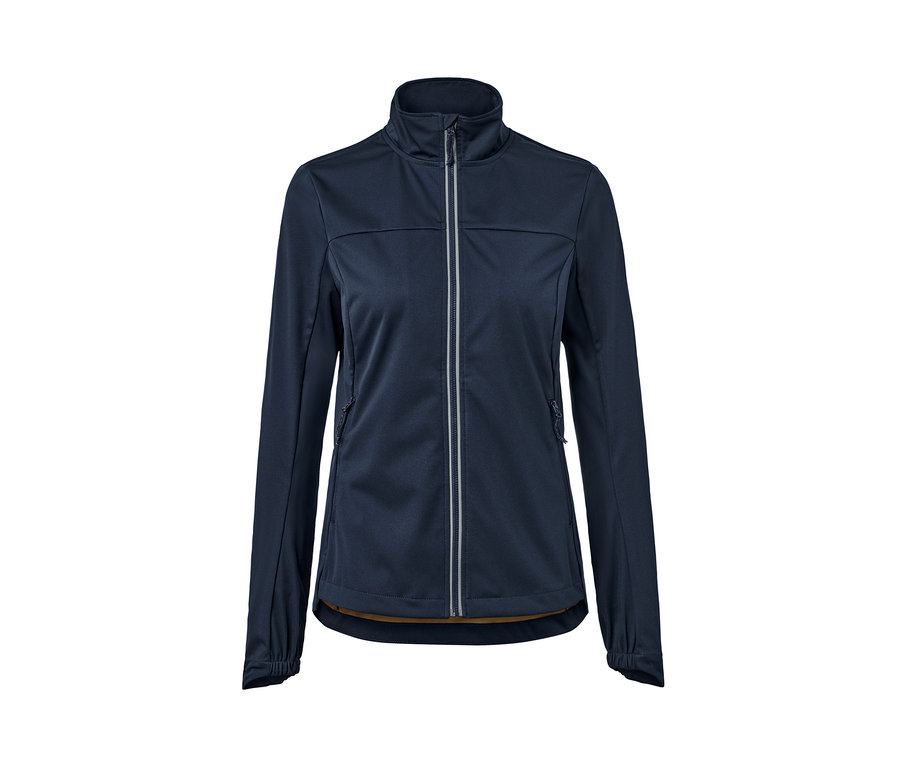 Eine dunkelblaue Softshelljacke mit langen Ärmeln und silbernem Reißverschluss.