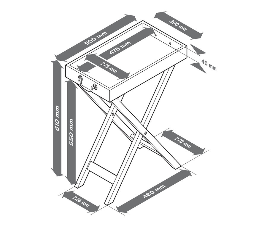Abmessungen des Tabletttischs.