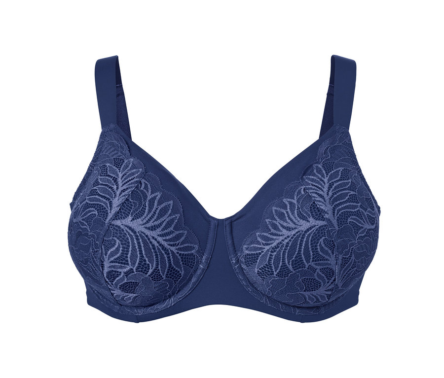 Detailansicht eines dunkelblauen Minimizer-BHs mit Blumenspitze.