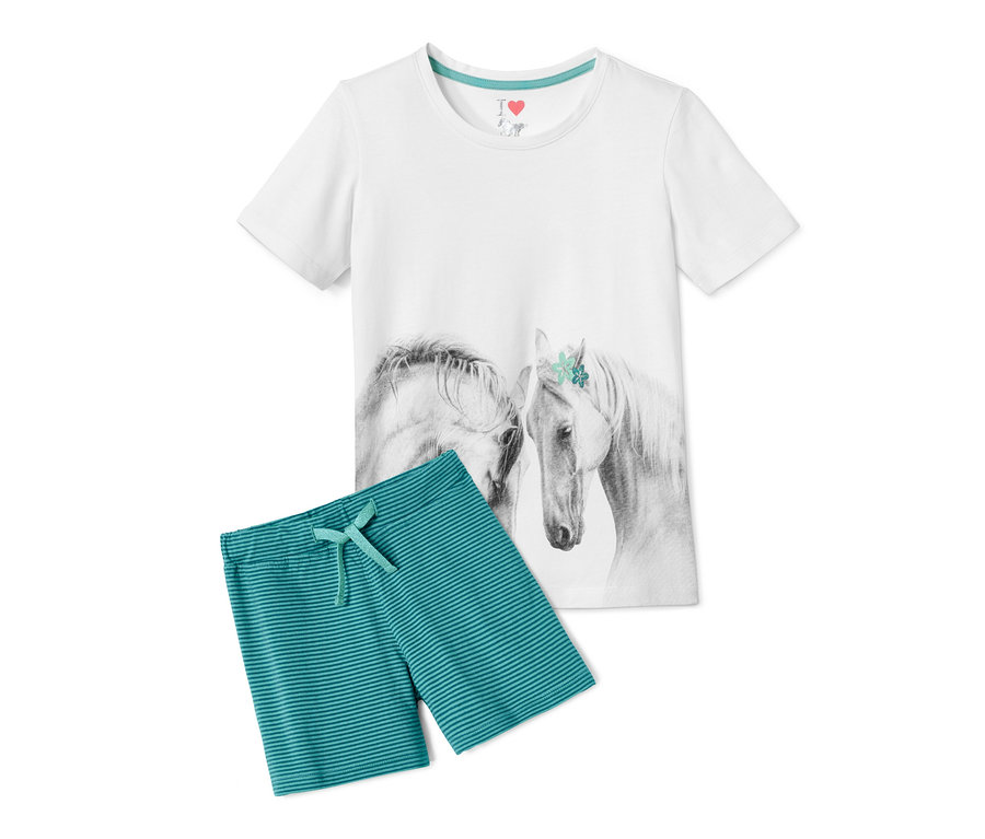 Ein Baumwoll-Pyjama mit Pferdeaufdruck und gestreiften Shorts.