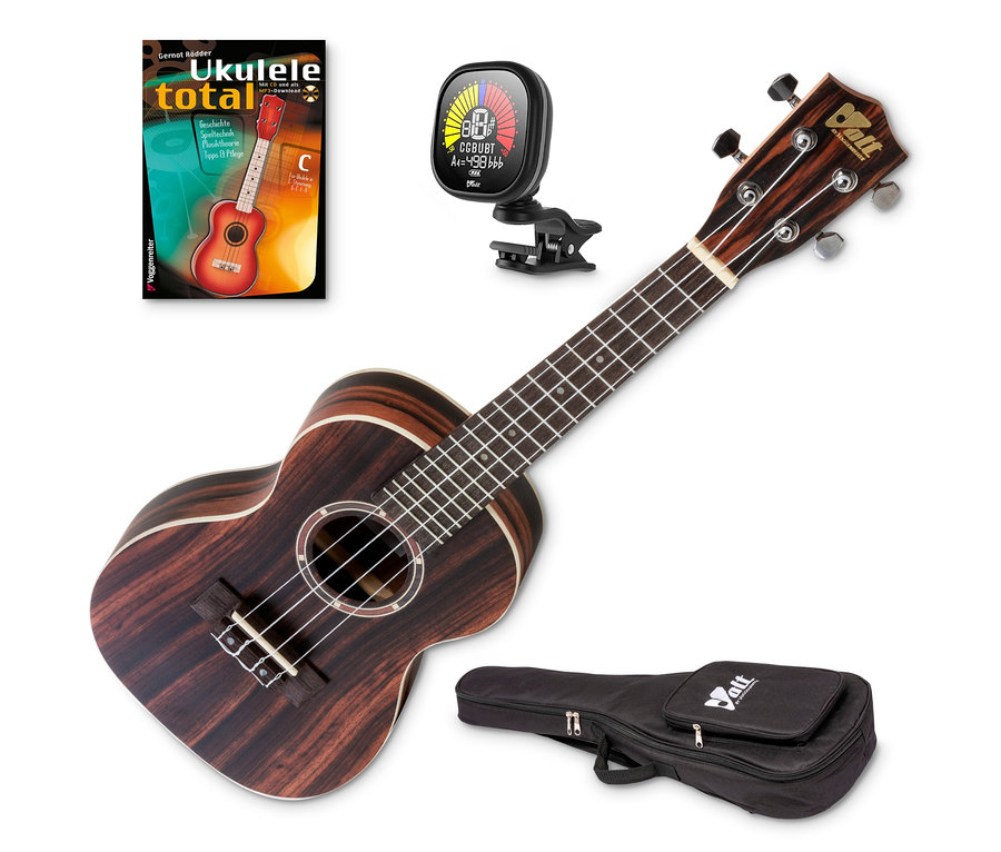 Voggenreiter VOLT-Concerto-Ukulelen-Set mit Stimmgerät, Lehrbuch und Tasche.