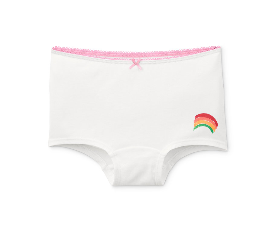 Weisse Mädchen Panty aus Bio-Baumwolle mit Regenbogen und rosa Spitze.