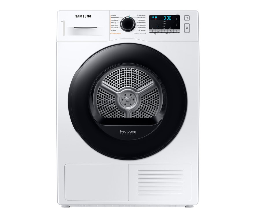 Weißer Samsung Wärmepumpentrockner »DV91TA040AE/EG« mit schwarzer Tür und silberner Trommel.