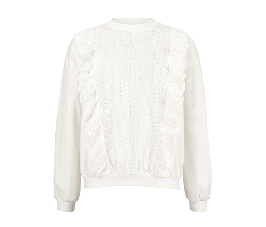 Weisses Sweatshirt mit Lochstickerei auf der Vorderseite.