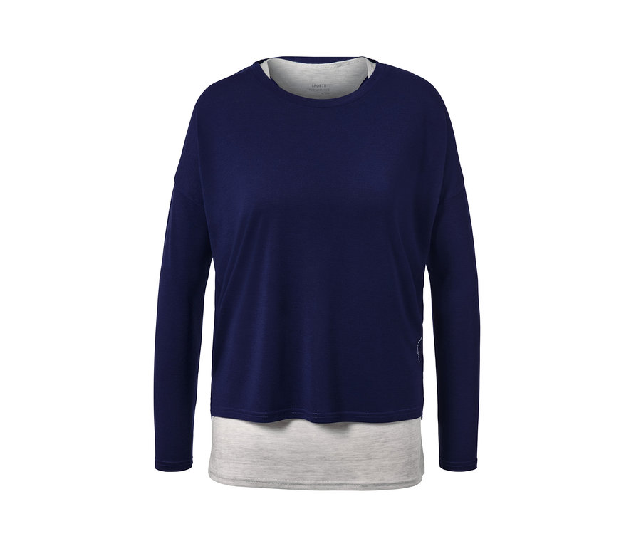 Marineblaues 2-in-1-Sportshirt mit langen Ärmeln und grauem Einsatz.