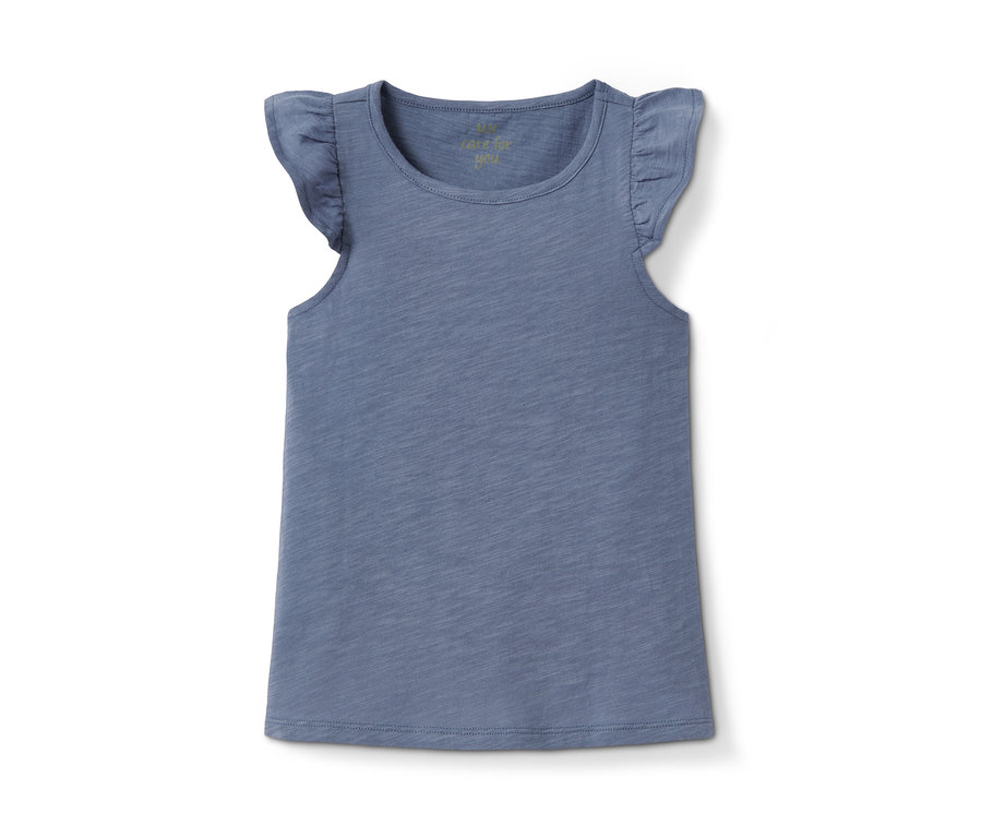 Blaues Mädchen-Shirt mit Rüschenärmeln.