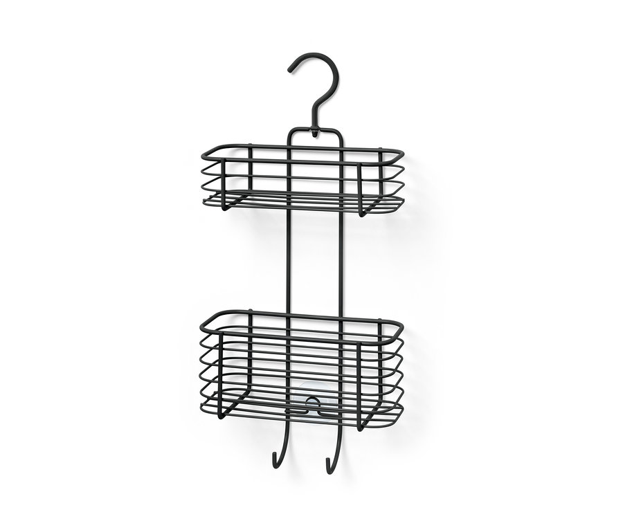 Schwarzes Duschregal zum Aufhängen mit zwei Ablagen.