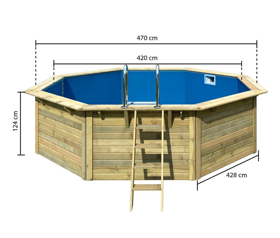 Abbildung eines Karibu Gartenpool-Sets mit Maßangaben.