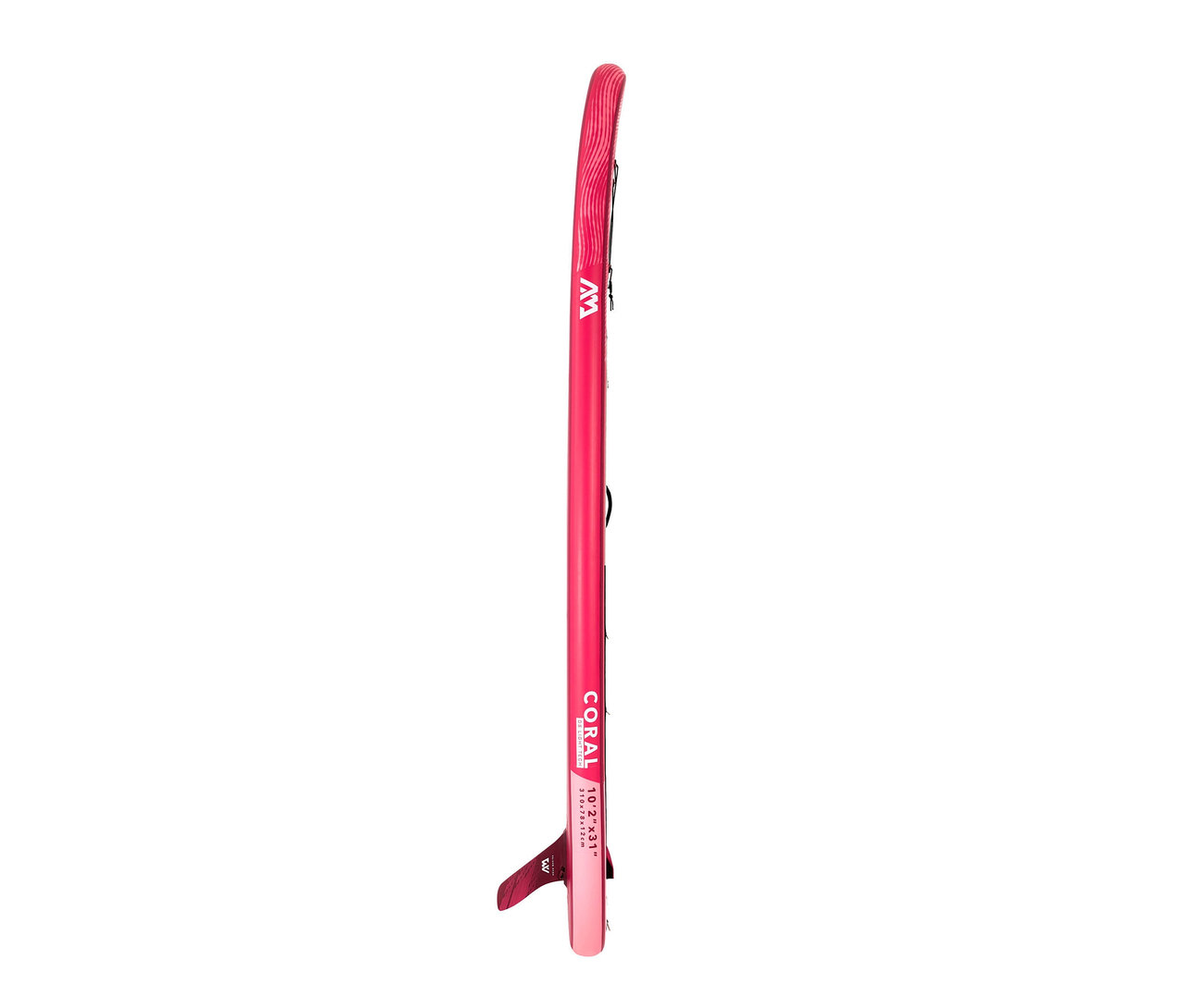 Detailaufnahme eines vertikal aufgestellten, pinkfarbenen Aqua Marina SUP-Boards »Coral«.